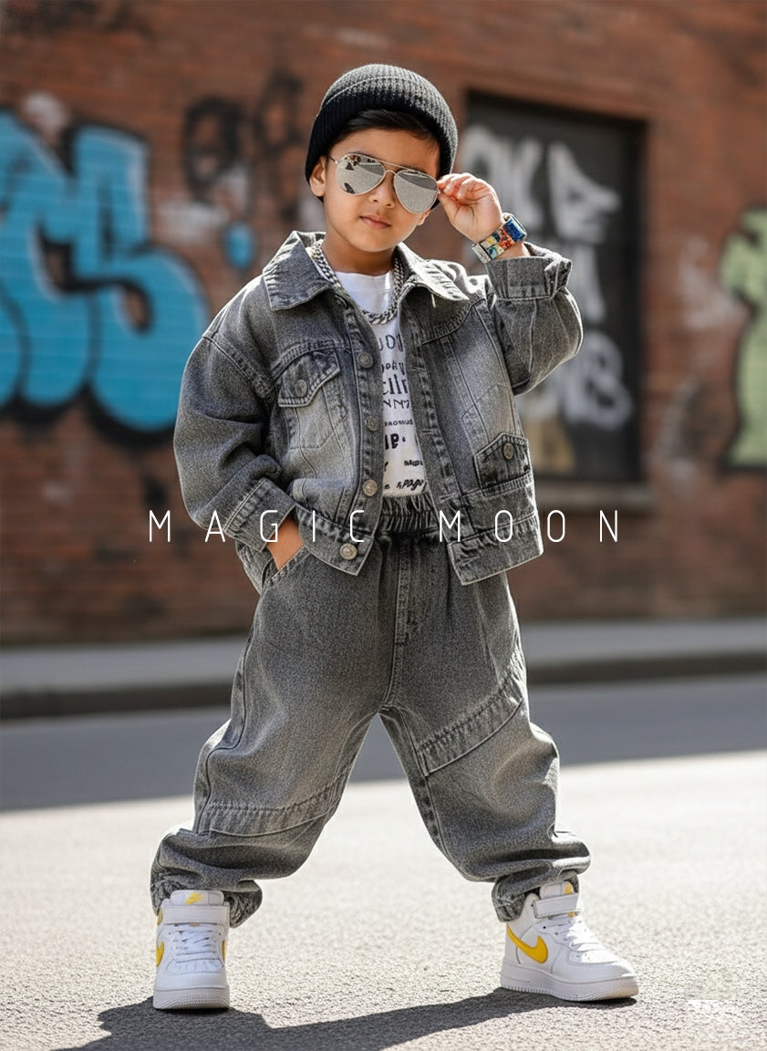 Unisex Full Sleeve Oversized Denim Jacket, Inner T Shirt and Pant Set