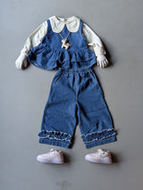 GST01 Girl's Full Sleeve Top, Denim Vest with Attached Unicorn Chain and Wide Leg Pant Set
