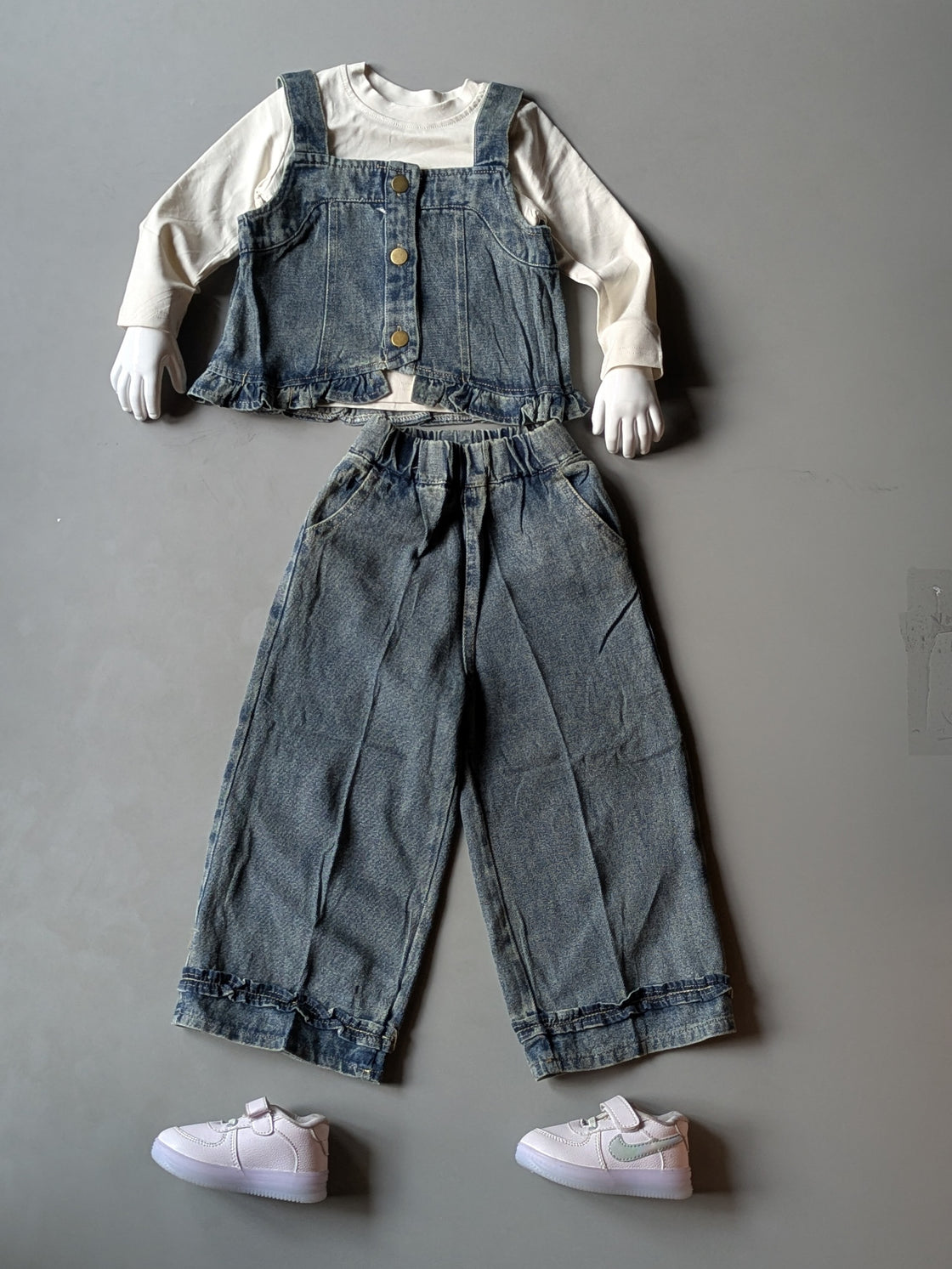 Girl's Full Sleeve Top Denim Vest and Wide Leg Pant Set