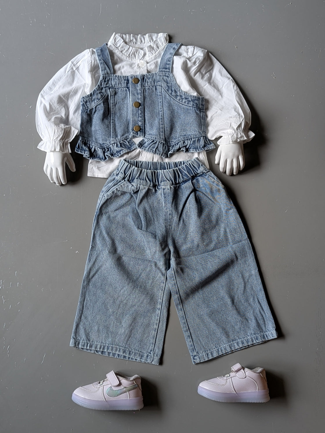 Girl's Full Sleeve Crew Neck Top, Denim Vest Wide Leg Pant Set