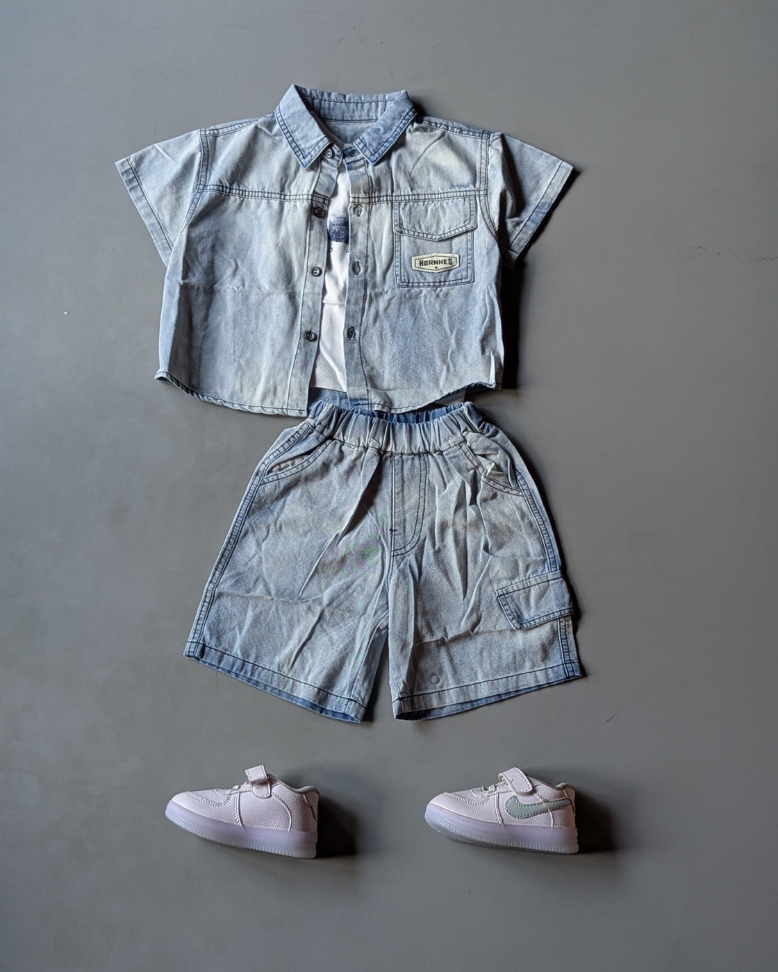 ST101 Unisex Half Sleeve Oversized Denim Shirt with Inner T Shirt and Shorts Set