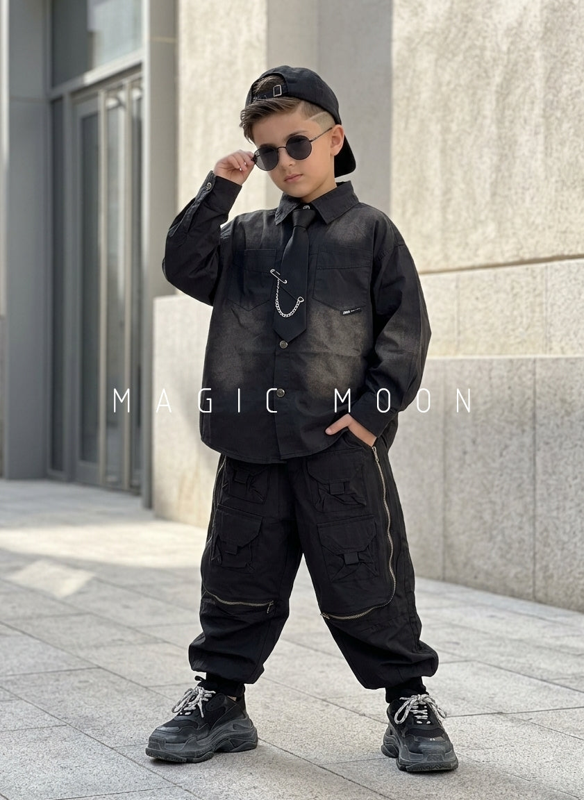 STB01 Unisex Full Sleeve Oversized Shirt with Attached Tie and Cargo Baggy Pant Set