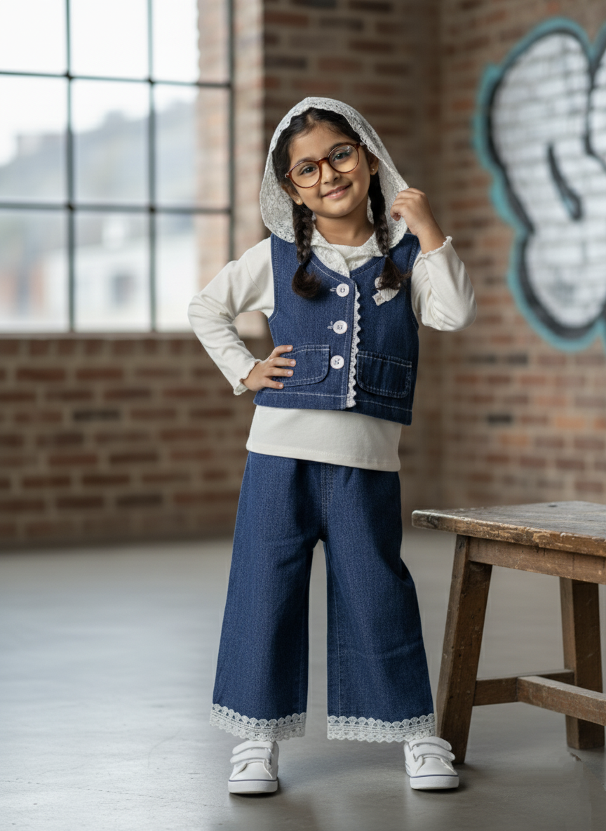Full Sleeve Hoody with Denim Vest and Pant Set
