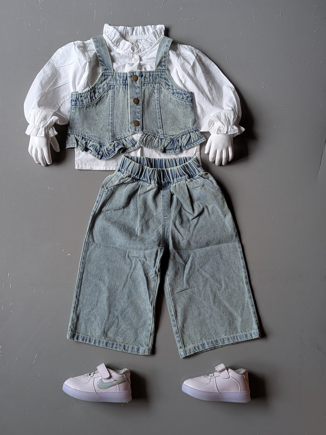 Girl's Full Sleeve Crew Neck Top, Denim Vest, Wide Leg Pant Set