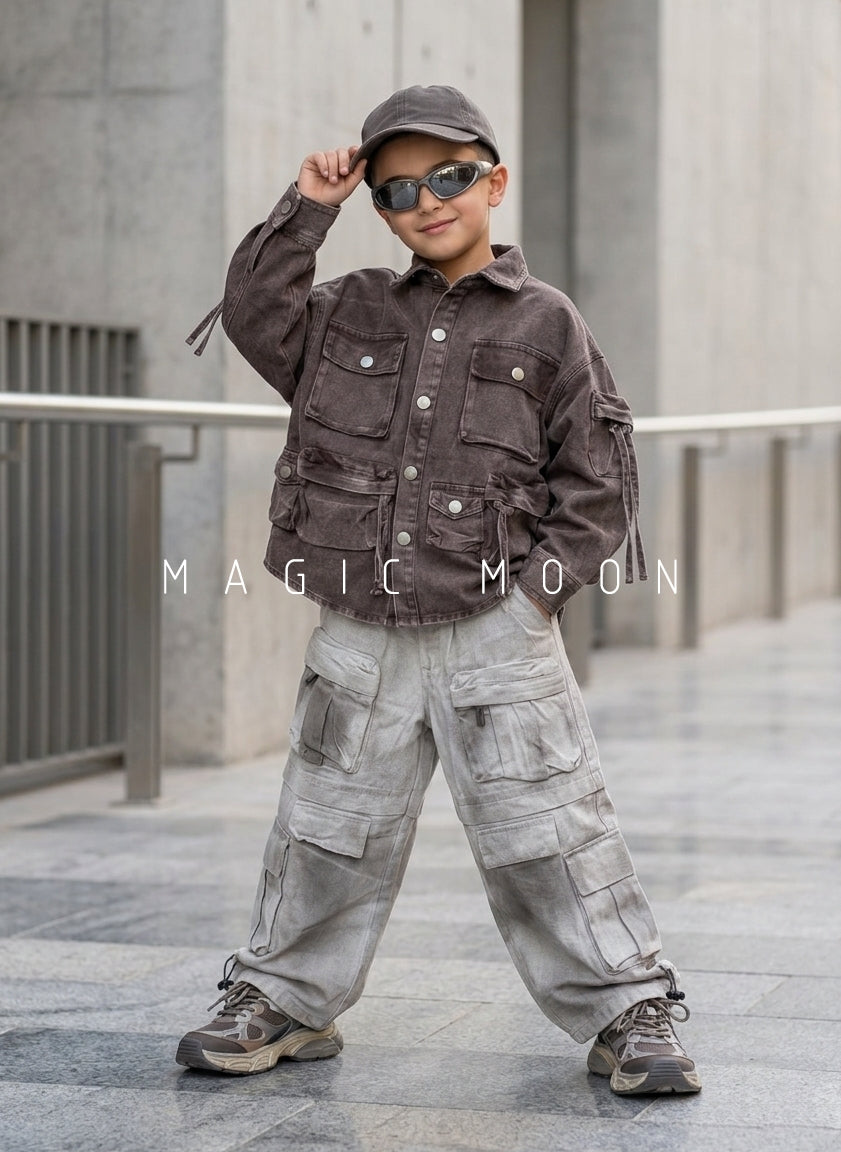 STB01 Unisex Full Sleeve Oversized Jacket with Cargo Baggy Pant Set