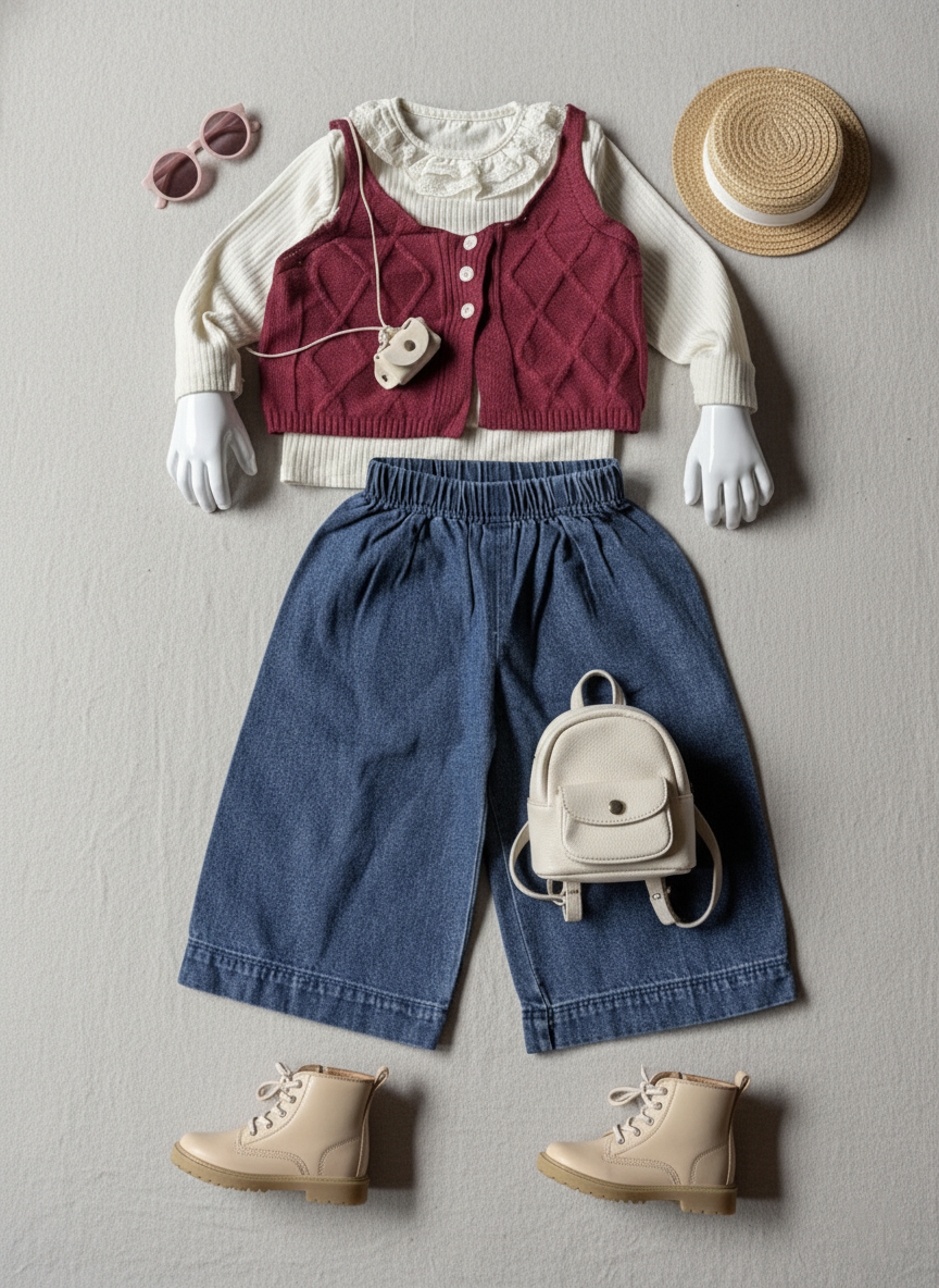 Full Sleeve Inner T Shirt,Vest and Wide Leg Pant Set