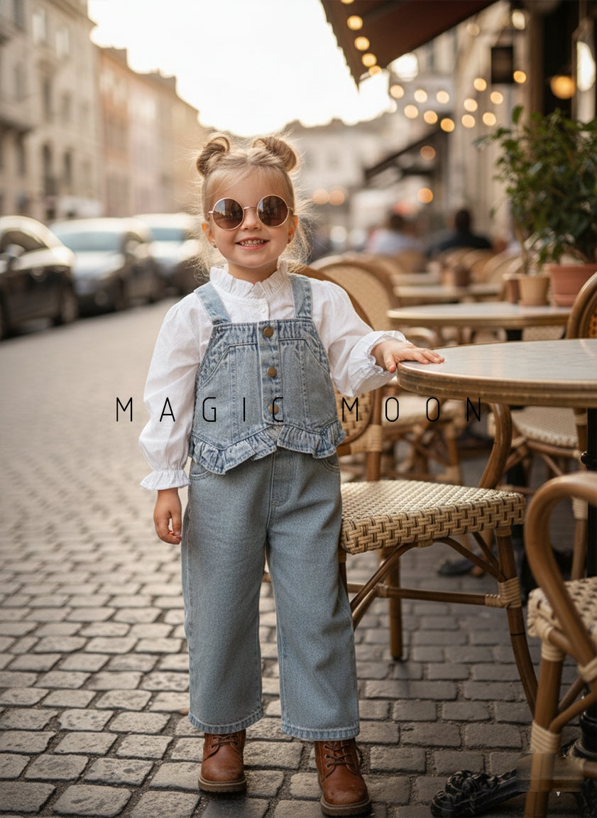Girl's Full Sleeve Crew Neck Top, Denim Vest, Wide Leg Pant Set
