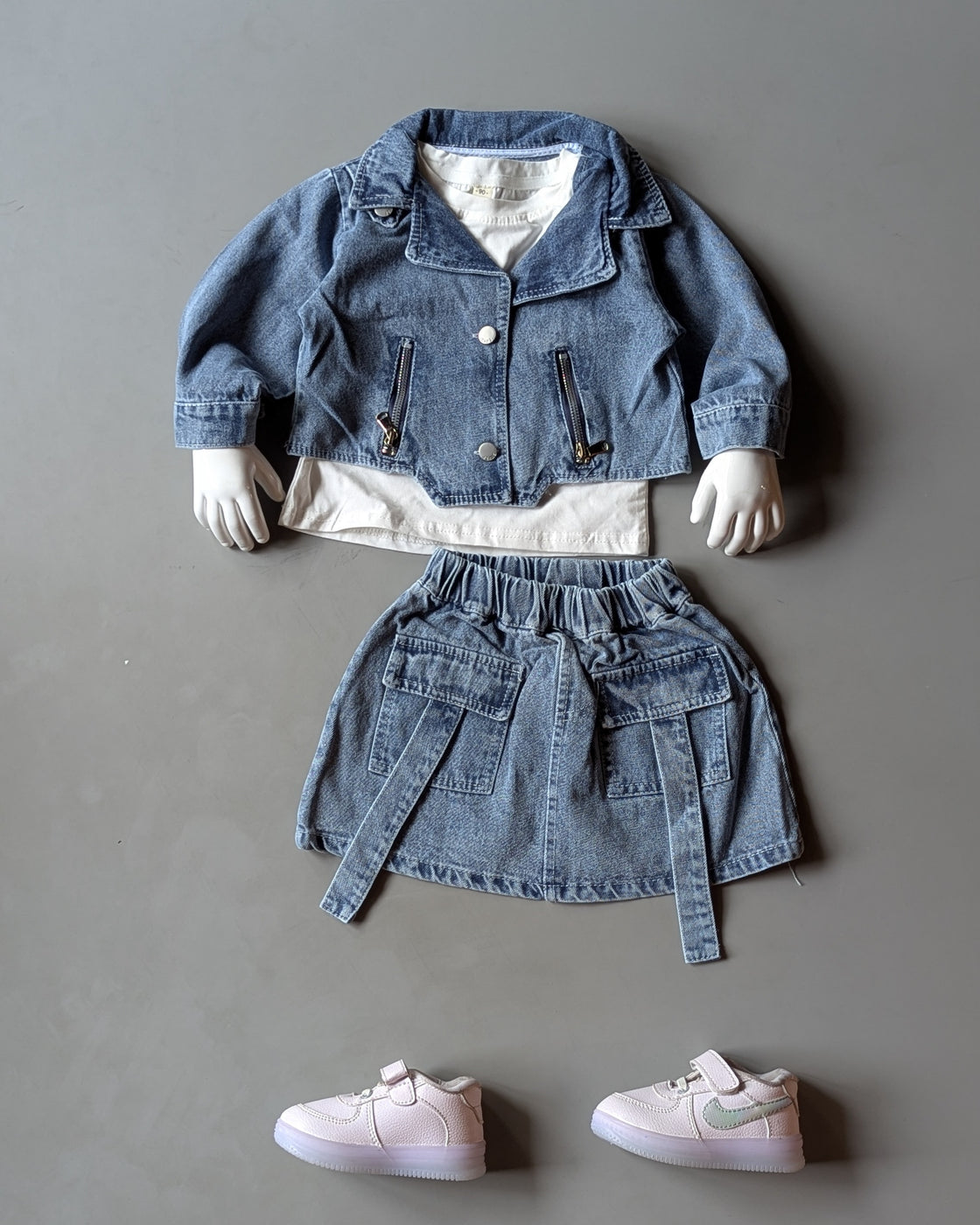 Girl's Oversized Denim Jacket Inner T Shirt and Skirt Set
