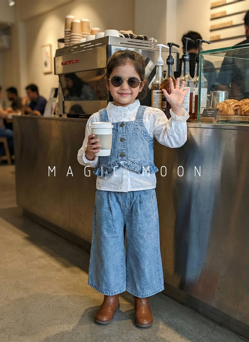 Girl's Full Sleeve Crew Neck Top, Denim Vest Wide Leg Pant Set