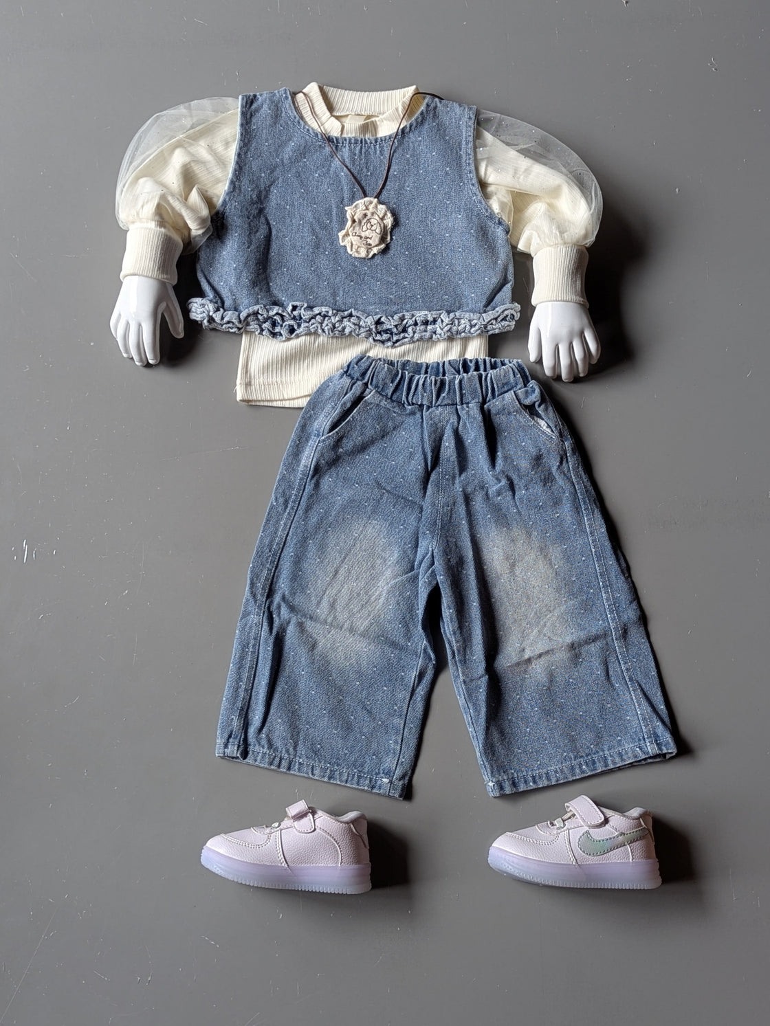 Full Sleeve T Shirt, Denim Vest and Wide Leg Pant Set