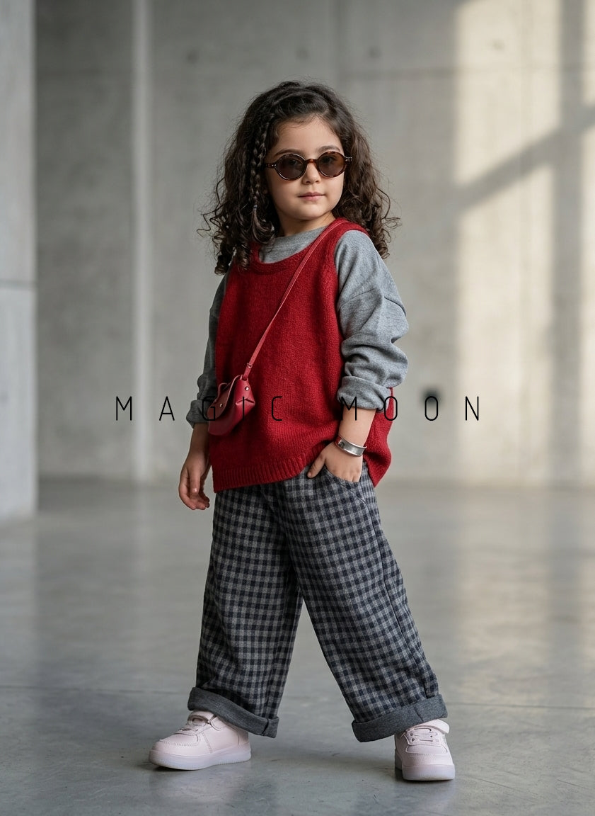 GST01 Girl's Full Sleeve Top, Vest with Attached Sling Bag and Wide Leg Pant Set