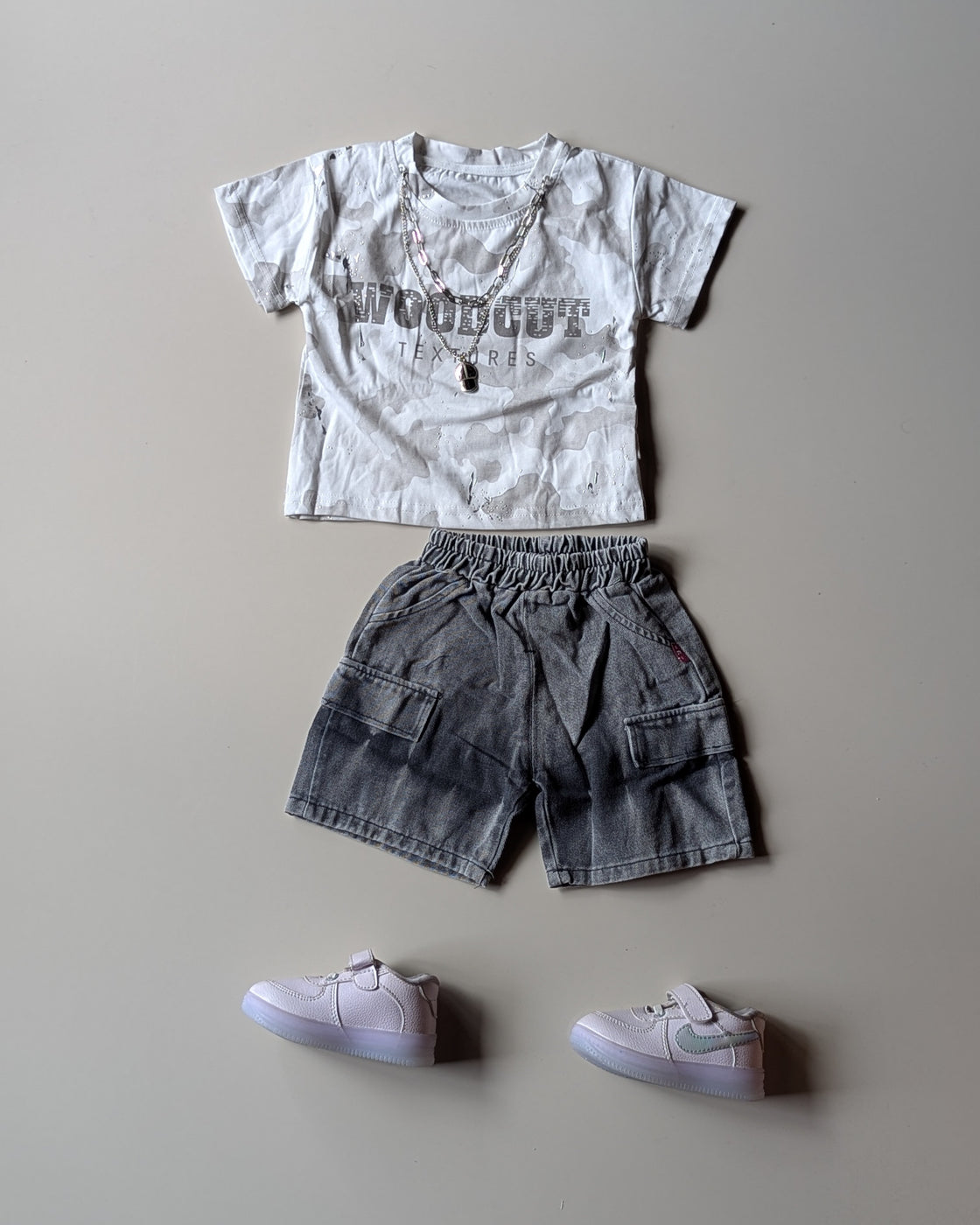 ST107 Unisex Half Sleeve Oversized T Shirt with Attached Chain and Shorts Set