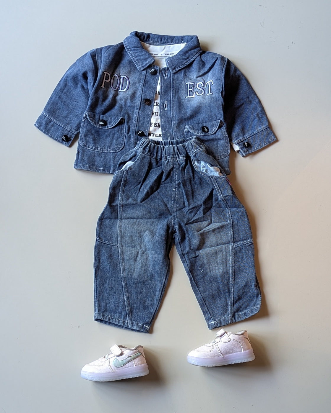 STIM119-01 Unisex Full Sleeve Oversized Denim Jacket Inner T Shirt and Pant Set