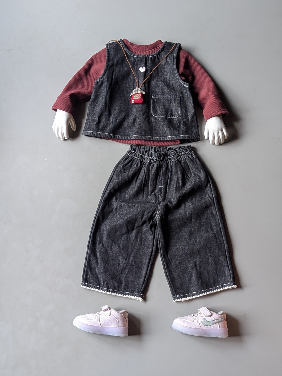 Girl's Full Sleeve Top with Vest and Wide Leg Pant Set