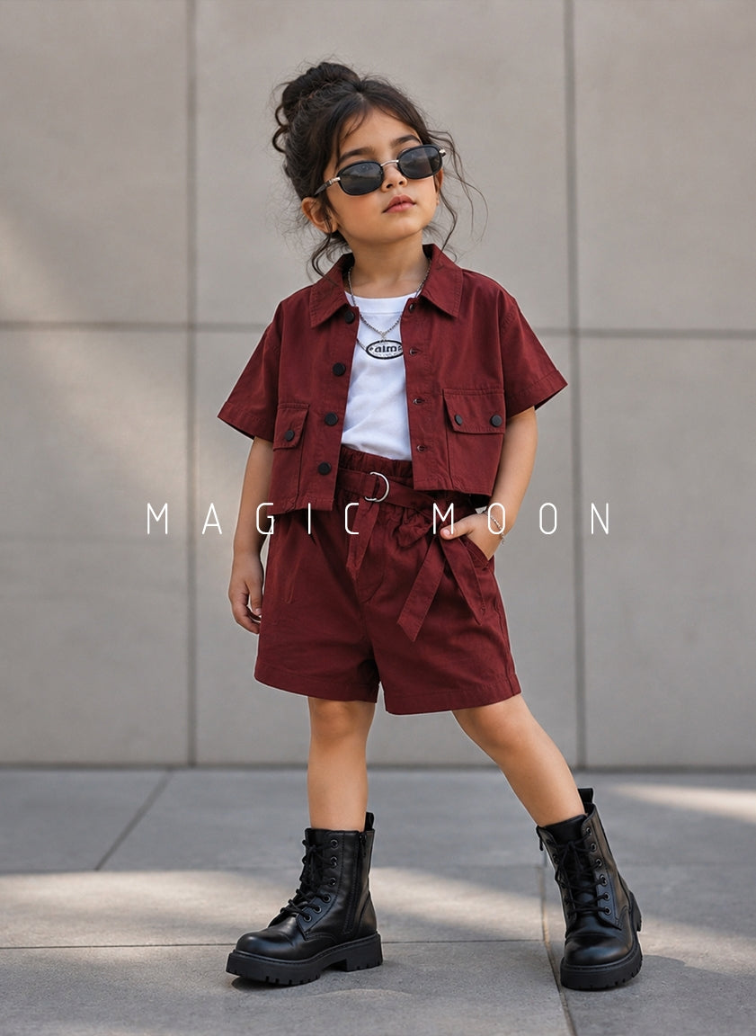 GST02 Girls Half Sleeve Oversized Shirt with Inner T Shirt and Shorts Set