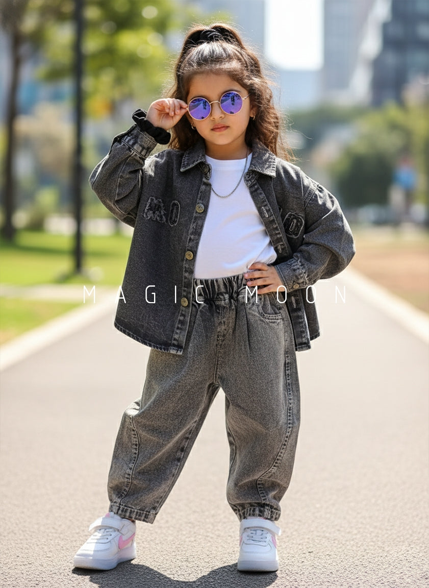 Unisex Full Sleeve Oversized Denim Jacket, Inner T Shirt and Pant Set