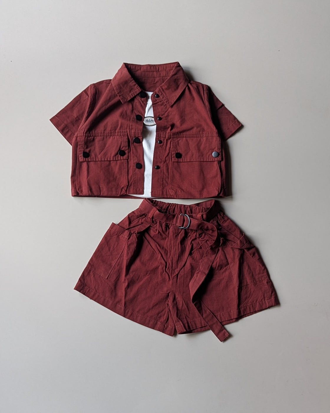 GST02 Girls Half Sleeve Oversized Shirt with Inner T Shirt and Shorts Set