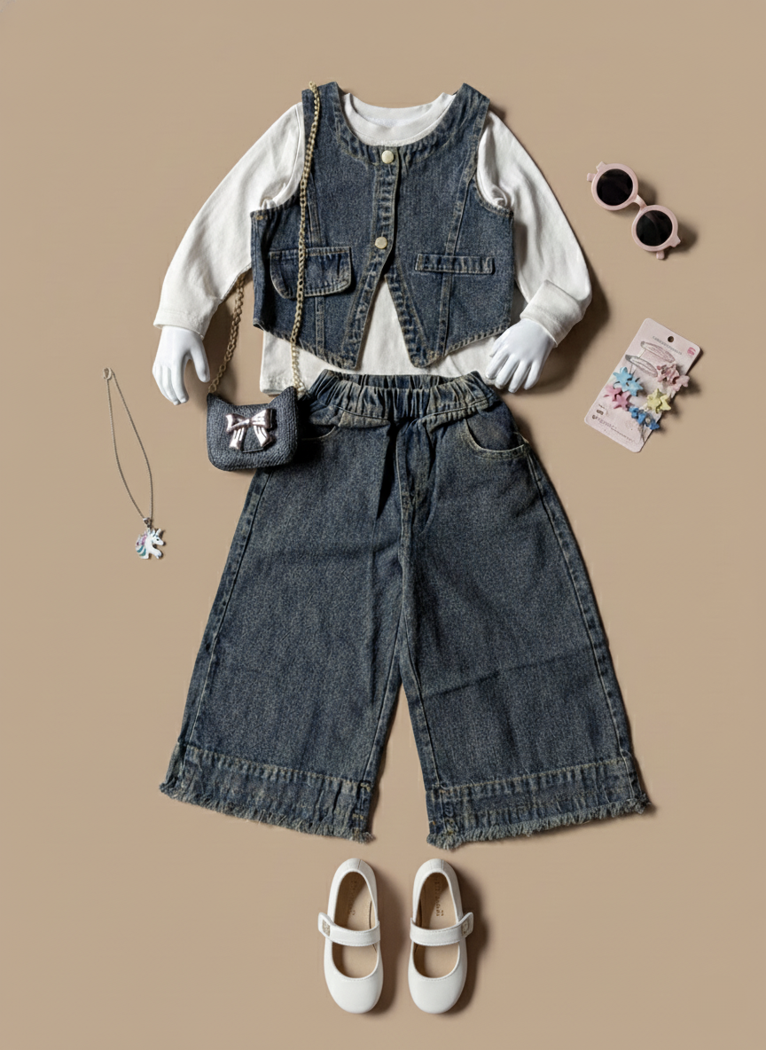 Full Sleeve Inner T Shirt, Denim Vest and Wide Leg Pant  with Bag set