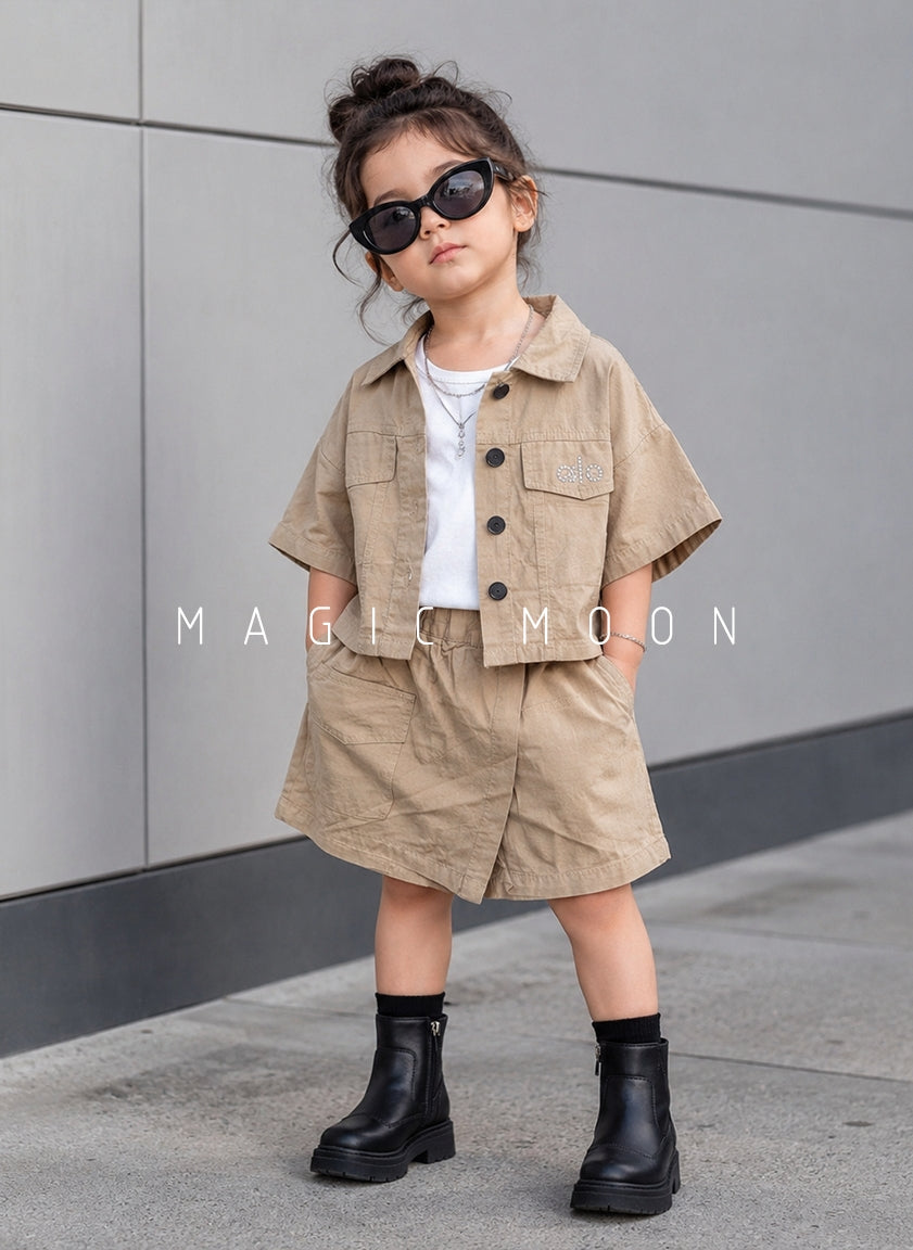 GST02 Girls Half Sleeve Oversized Shirt with Inner T Shirt and Shorts Set