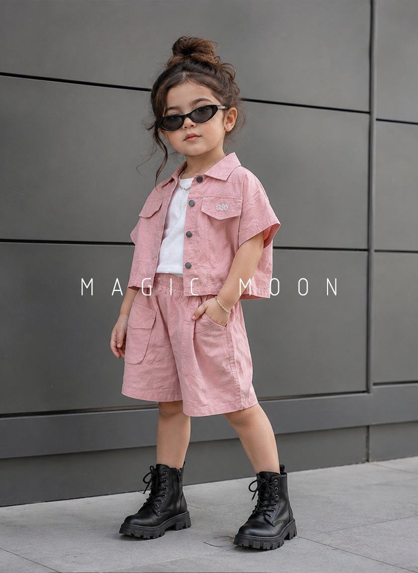 GST02 Girls Half Sleeve Oversized Shirt with Inner T Shirt and Shorts Set