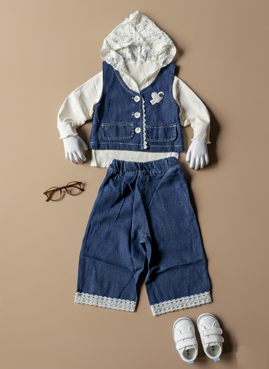 Full Sleeve Hoody with Denim Vest and Pant Set