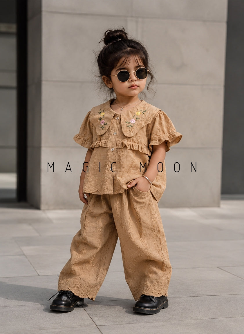 GST03 Girl's Half Sleeve Embroidered Top with Wide Leg Pant Set