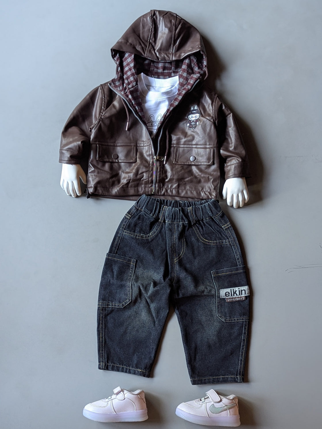 Unisex Full Sleeve Oversized Hooded Leather Jacket Inner T Shirt and Pant Set