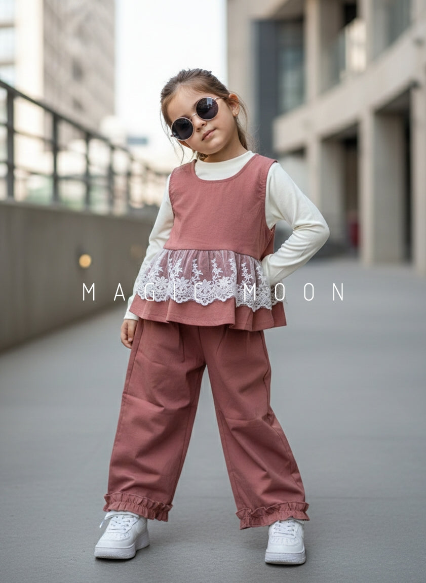 Girl's Full Sleeve Top with Lace Work Vest with Wide Leg Pant Set