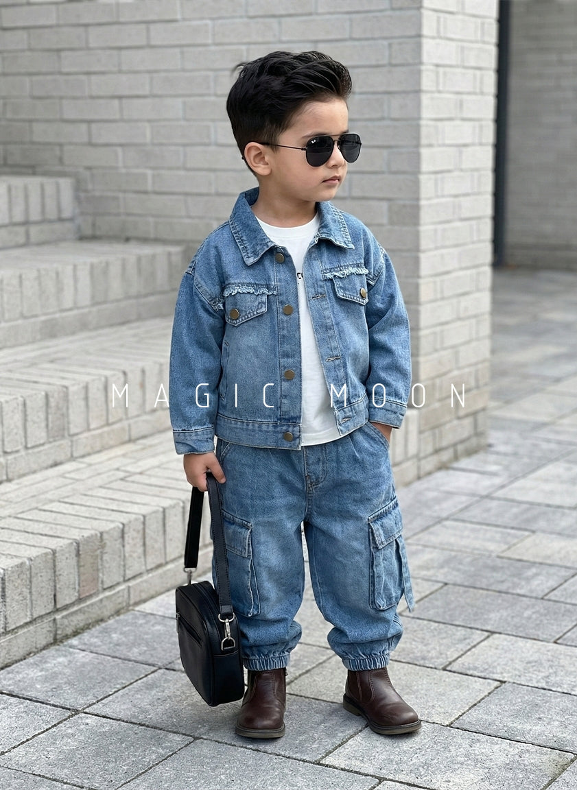 Unisex Full Sleeve Oversized Denim Jacket, Inner T Shirt and Cargo Pant Set