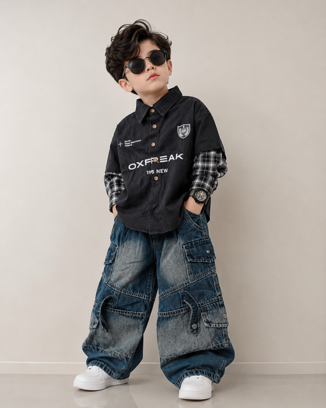 ST101 Unisex Full Sleeve Oversized Shirt with Super Baggy Jeans Combo