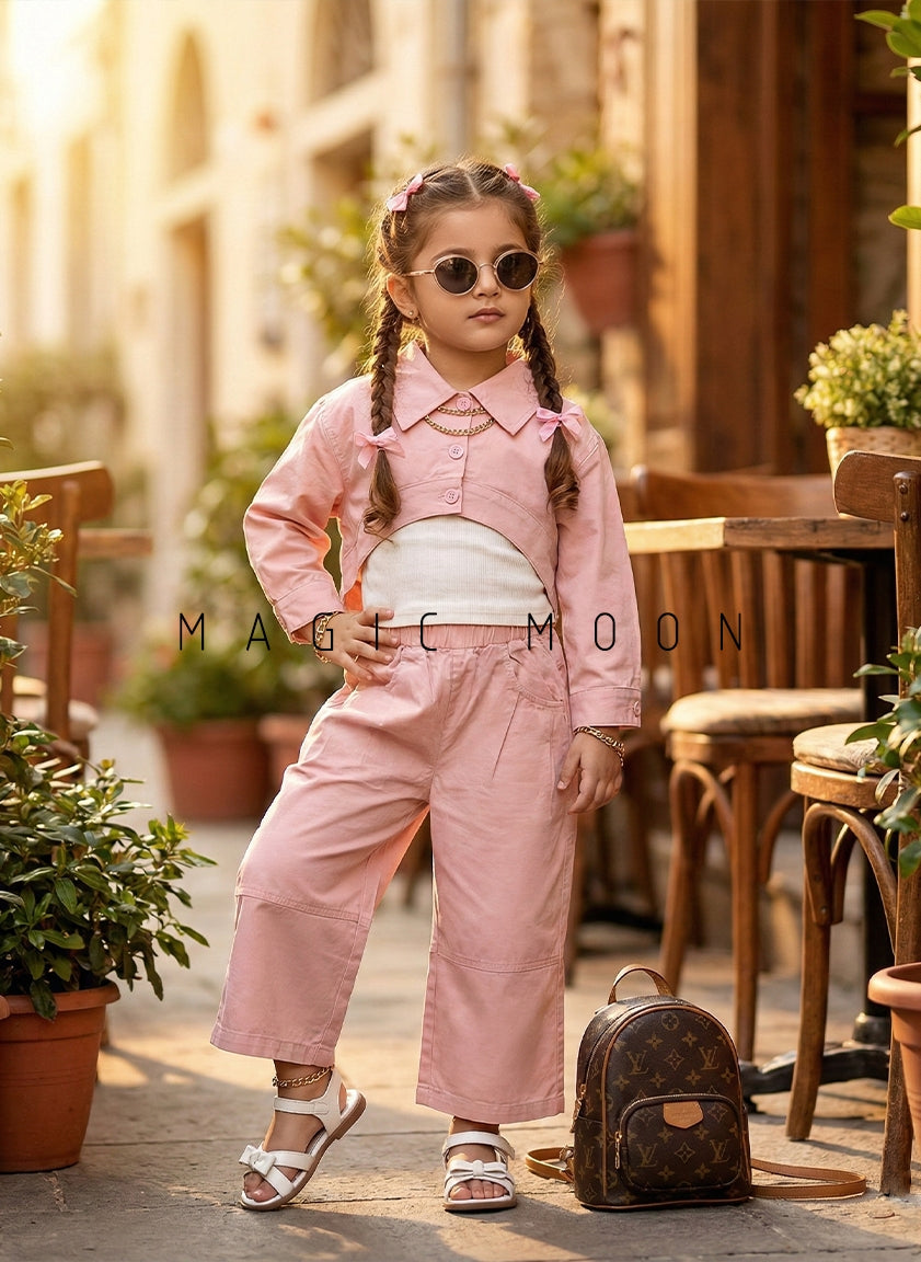Girl's Full Sleeve Layered Look Top and Wide Leg Pant Set