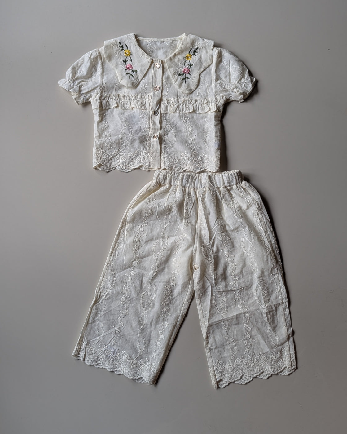 GST03 Girl's Half Sleeve Embroidered Top with Wide Leg Pant Set