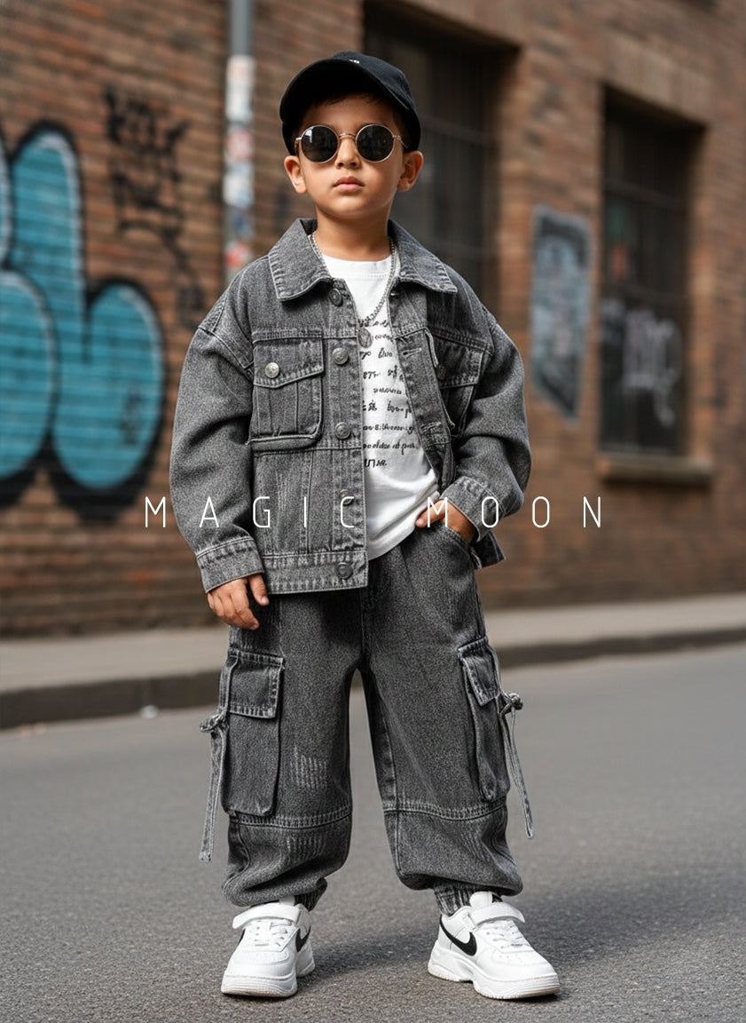 Unisex Full Sleeve Oversized Denim Jacket, Inner T Shirt and Cargo Pant Set