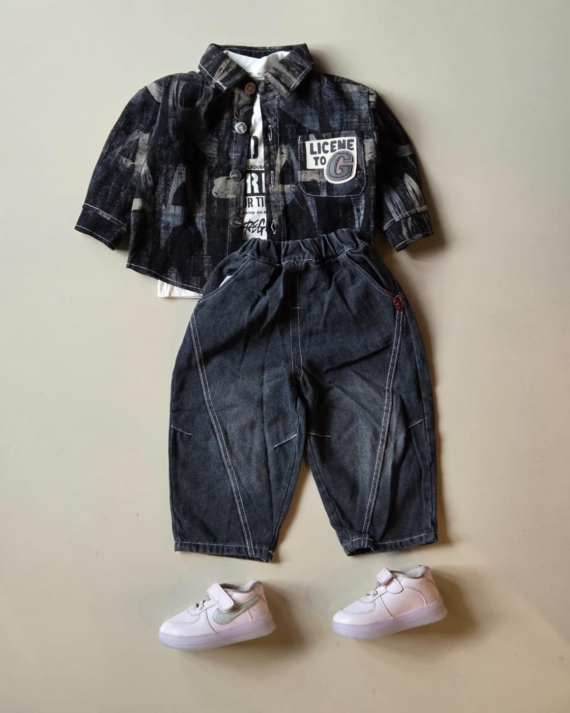 STIM110-02 Unisex Full Sleeve Oversized Denim Jacket Inner T Shirt and Pant Set