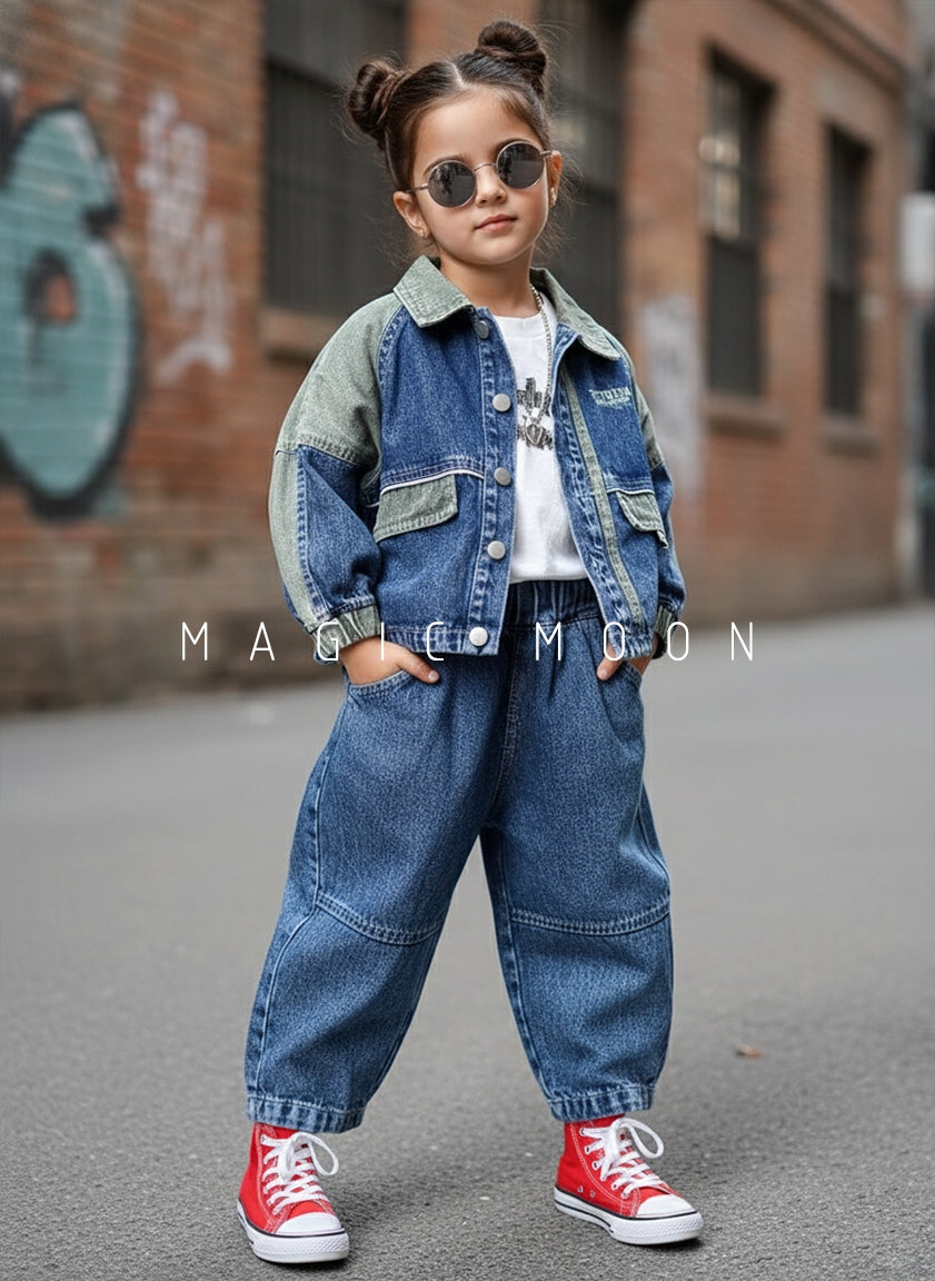 Unisex Full Sleeve Oversized Denim Jacket, Inner T Shirt and Pant Set
