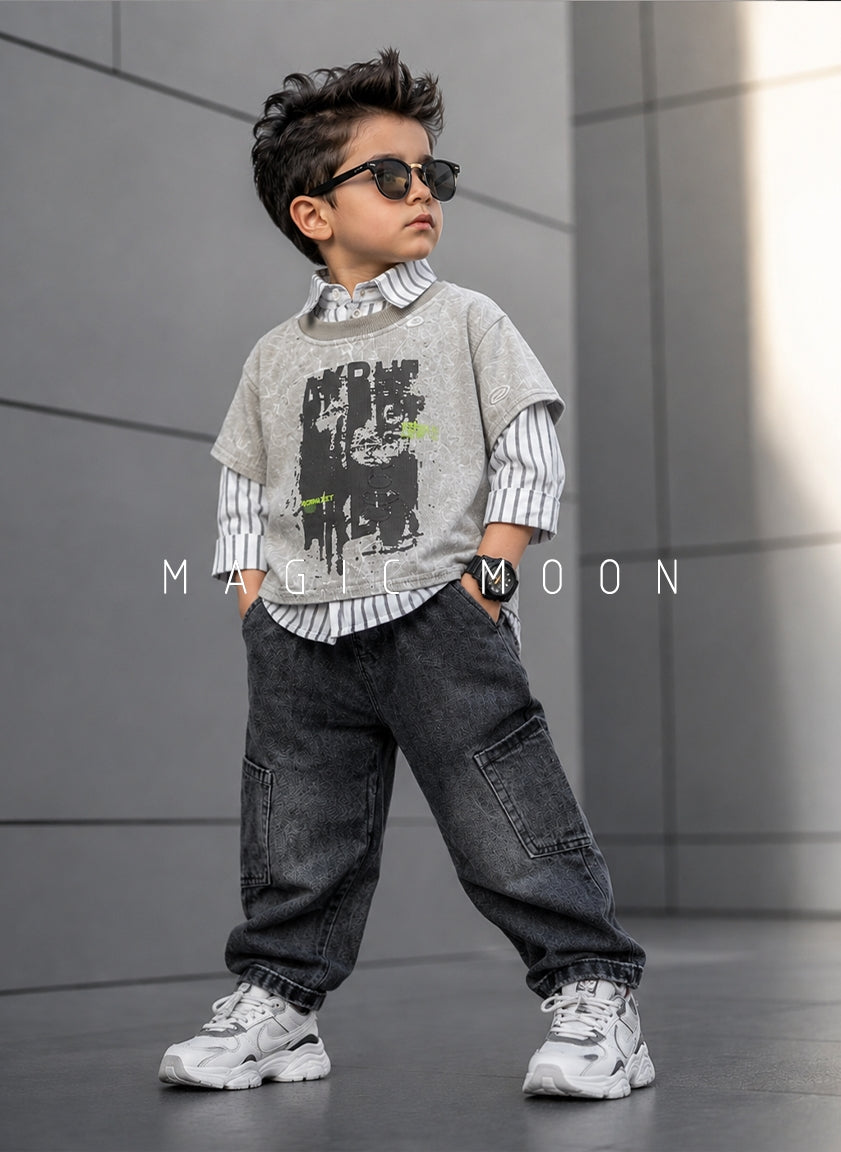 ST104 Unisex Full Sleeve Oversized Shirt with Vest and Pant Set