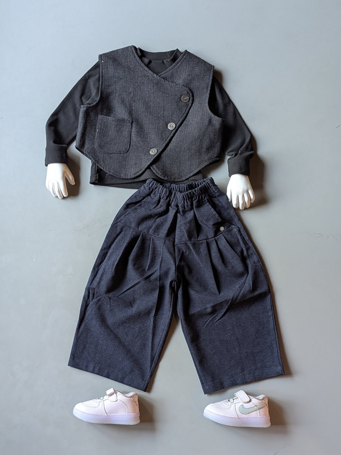 Girl's Full Sleeve Black Top and Overcoat with Navy Blue colour Wide Leg Pant Set