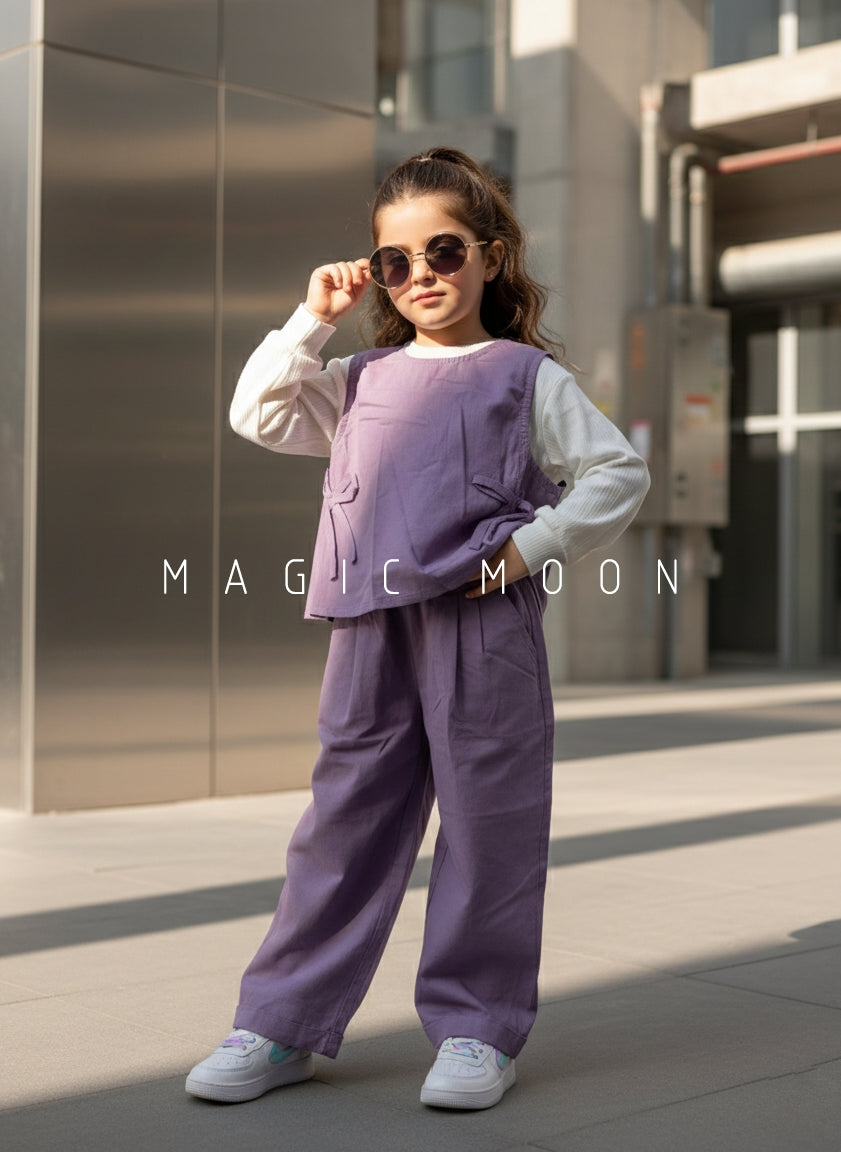 Girl's Full Sleeve Top with Vest and Wide Leg Pant Set
