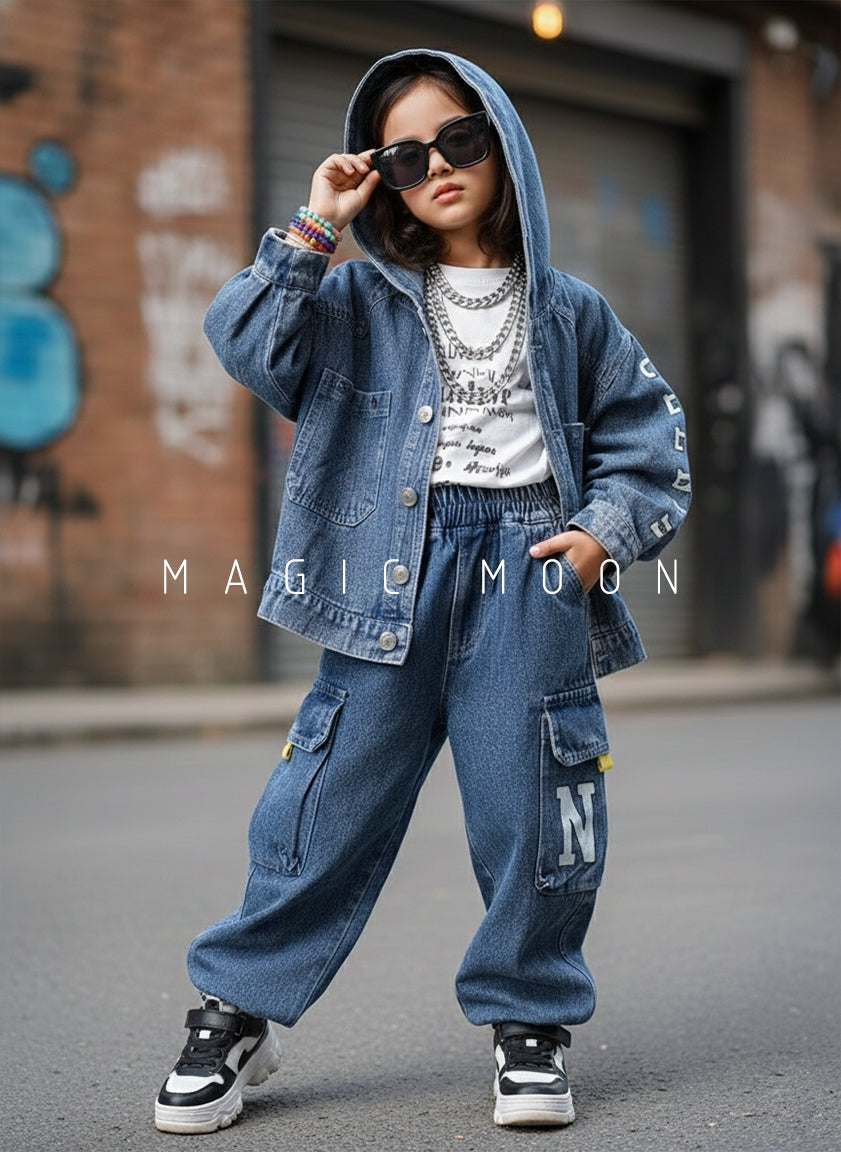 Unisex full Sleeve Oversized Hooded Denim Jacket, Inner T Shirt and Cargo Pant Set
