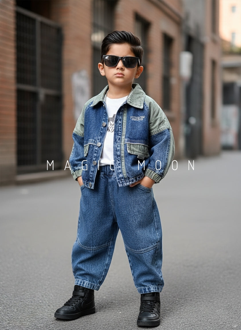 Unisex Full Sleeve Oversized Denim Jacket, Inner T Shirt and Pant Set