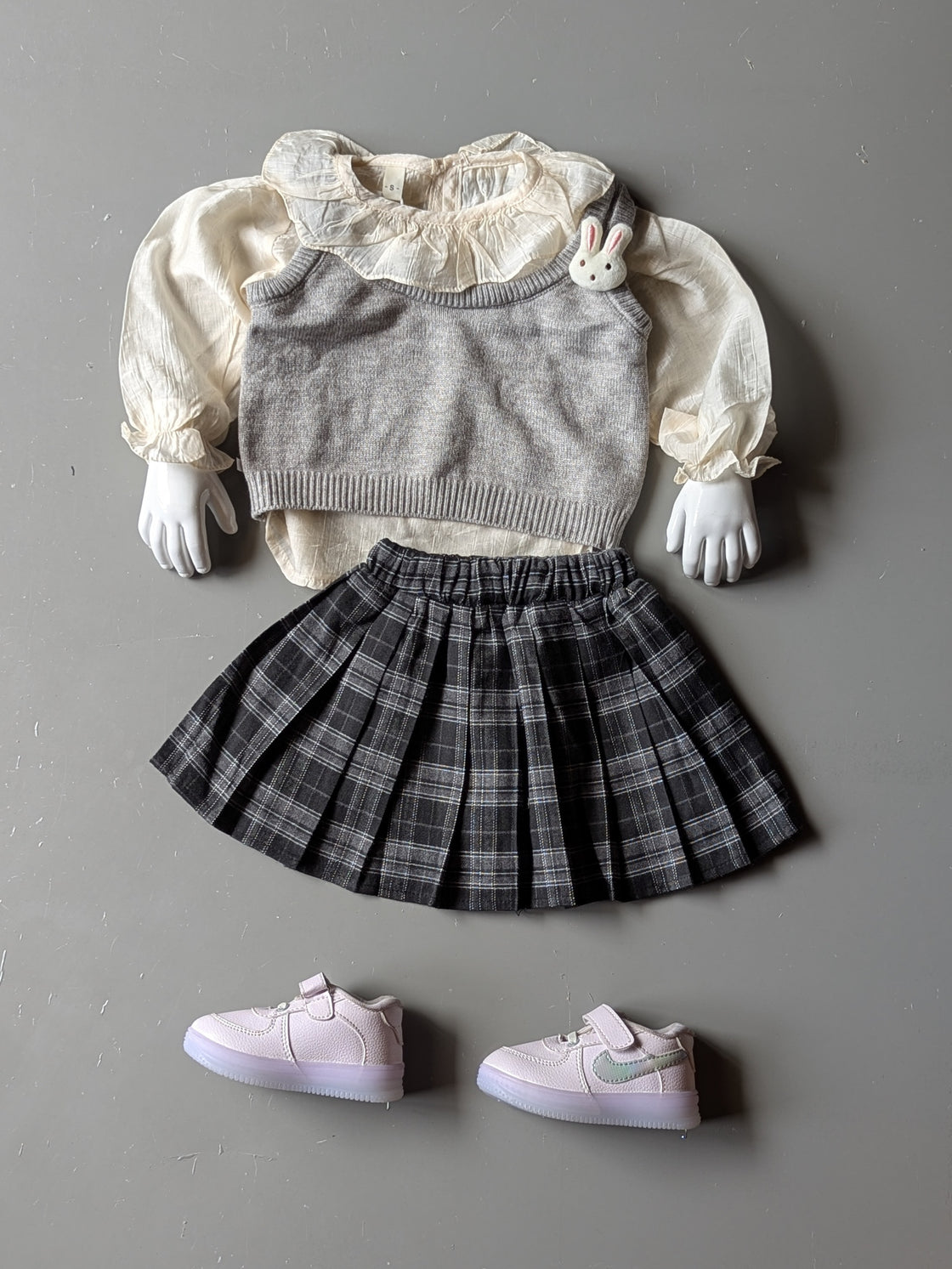 Girl's Full Sleeve Peter Pan Collar Top with Knitted Vest and Skirt Set