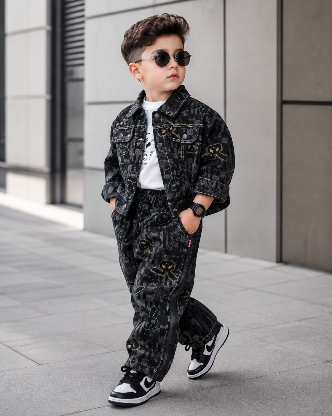 STIM112-01 Unisex Full Sleeve Oversized Denim Jacket Inner T Shirt and Pant Set
