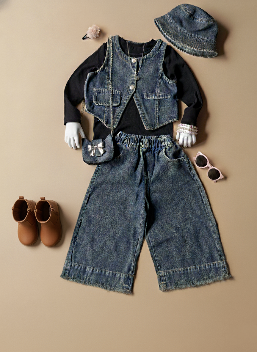 Full Sleeve Inner T Shirt, Denim Vest and Wide Leg Pant  with Bag Set