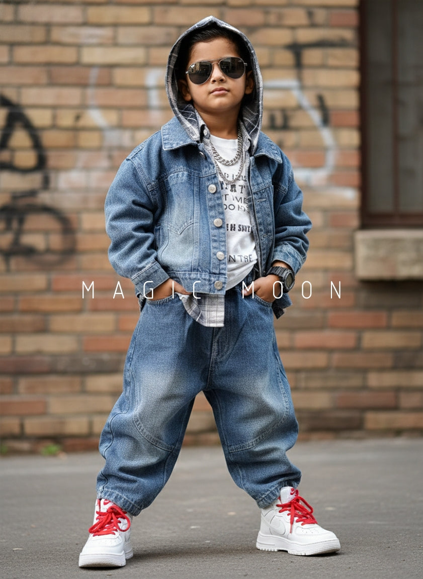 Unisex Full Sleeve Denim Hooded Jacket, Inner T Shirt and Pant Set