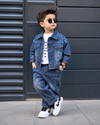 STIM108-01 Unisex Full Sleeve Oversized Denim Jacket Inner T Shirt and Pant Set