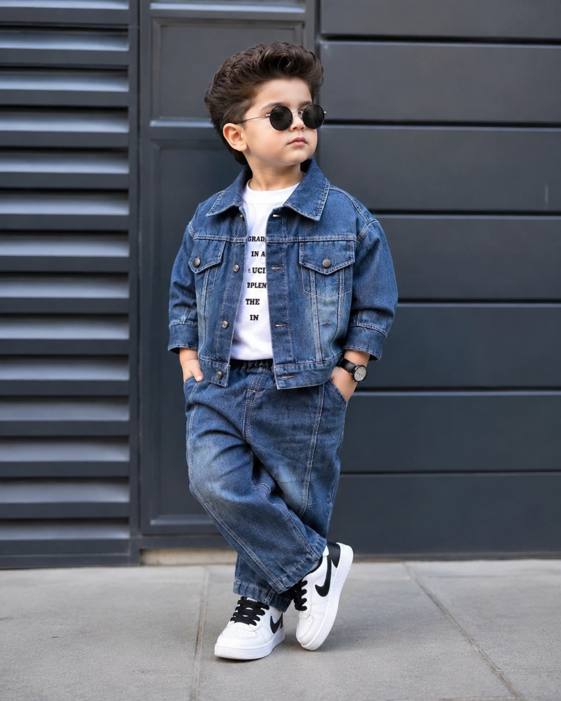 STIM108-01 Unisex Full Sleeve Oversized Denim Jacket Inner T Shirt and Pant Set