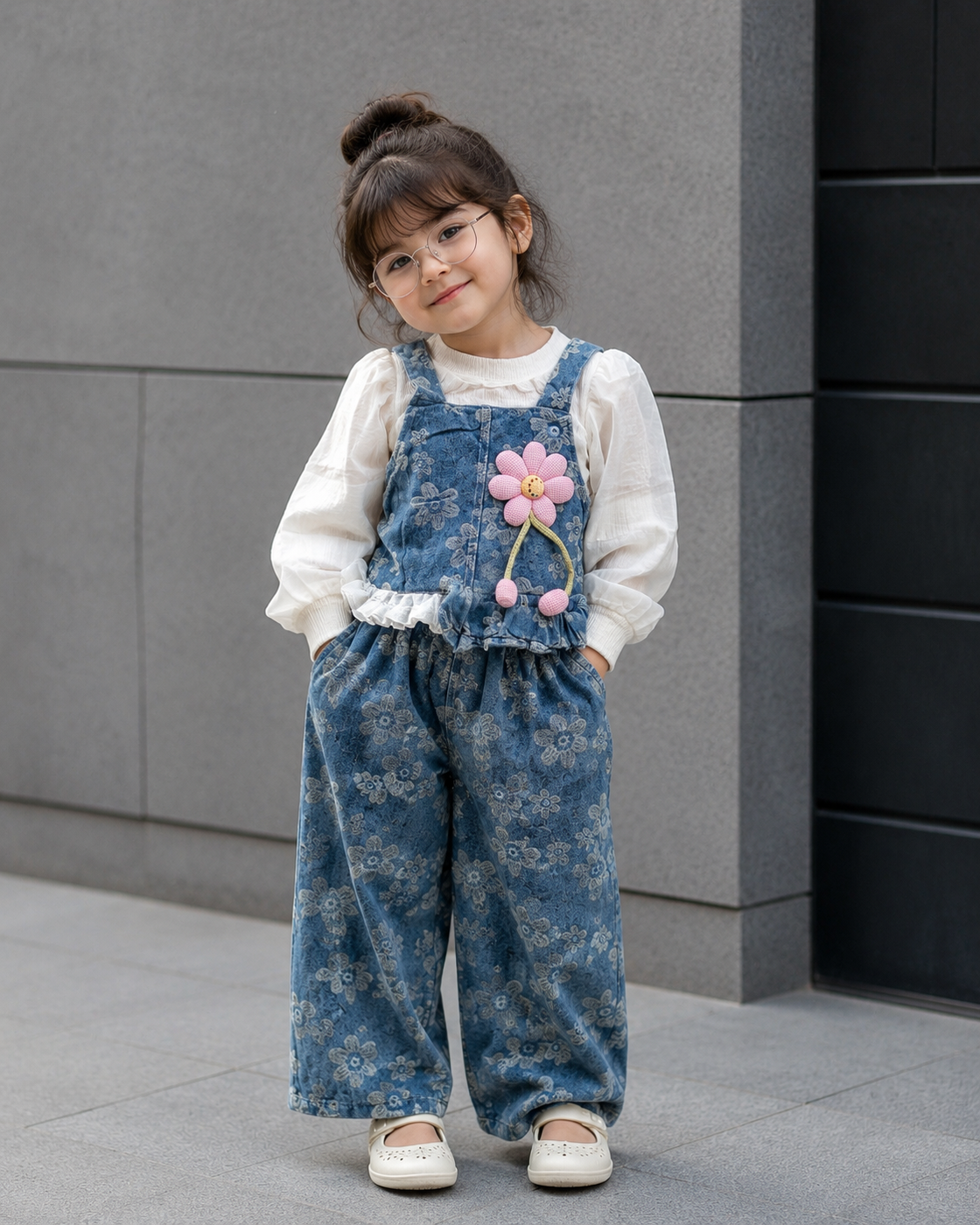 GST04B1-01 Girls Full Sleeve Top Denim Vest and Wide Leg Pant Set