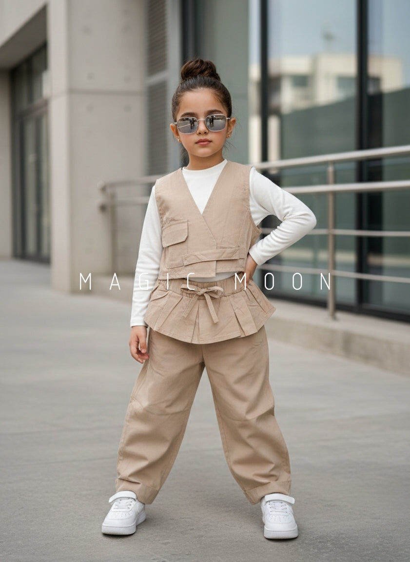 Girl's Full Sleeve Top with Vest and Wide Leg Pant Set