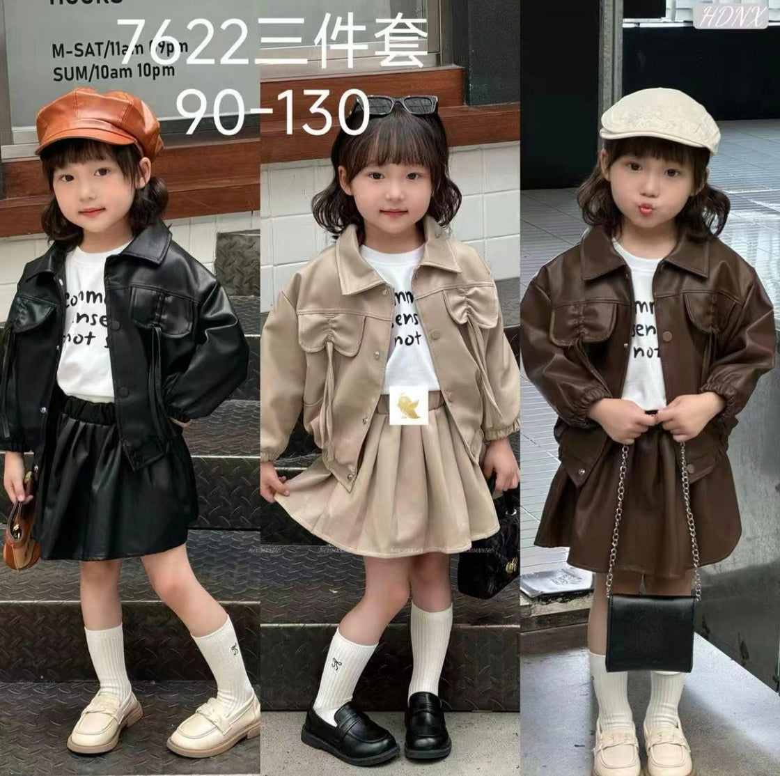 Girl's Full Sleeve Leather Jacket, Inner T Shirt with Leather Skirt Set