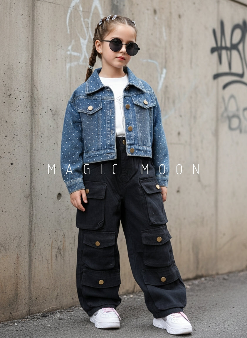 Girl's Full Sleeve Oversized Denim Jacket Inner T Shirt and Cargo Baggy Pants Set